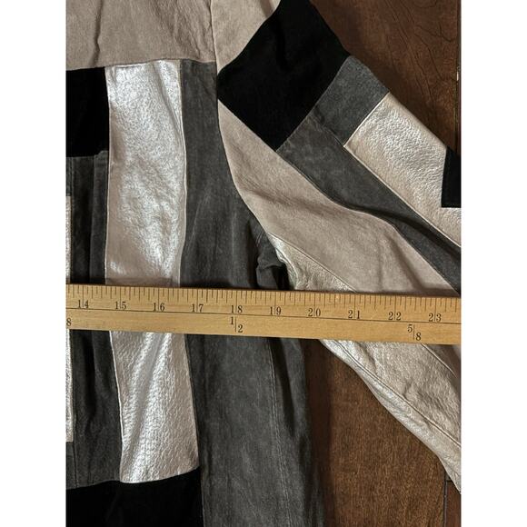 Adrienne Landau Genuine Leather Coat Womens S Metallic Art Colorblock Silver NWT - Picture 4 of 11